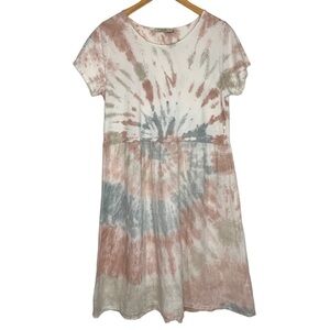 7 Agosto Womens Tie Dye T Shirt Dress Sz Small Pink White Short Sleeve